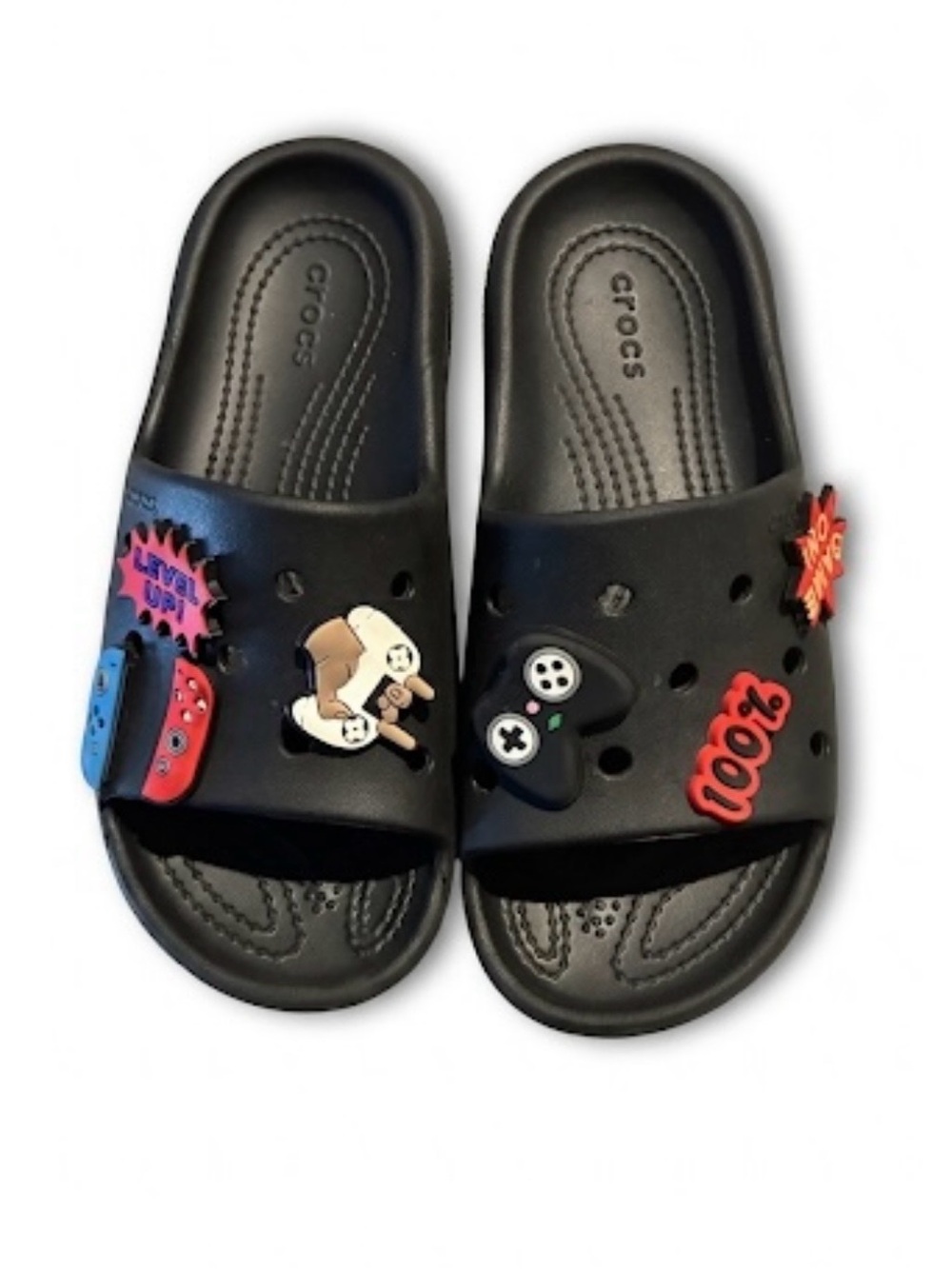 Crocs Classic Slides in black,with gaming-themed Jibbitz Kids Size 2